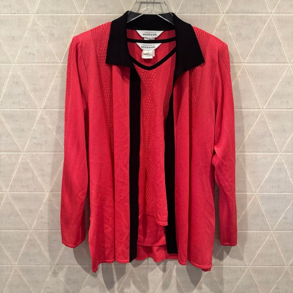 Exclusively Misook Cable Knit Jacket and Top set  in Pink Coral/Black M EUC